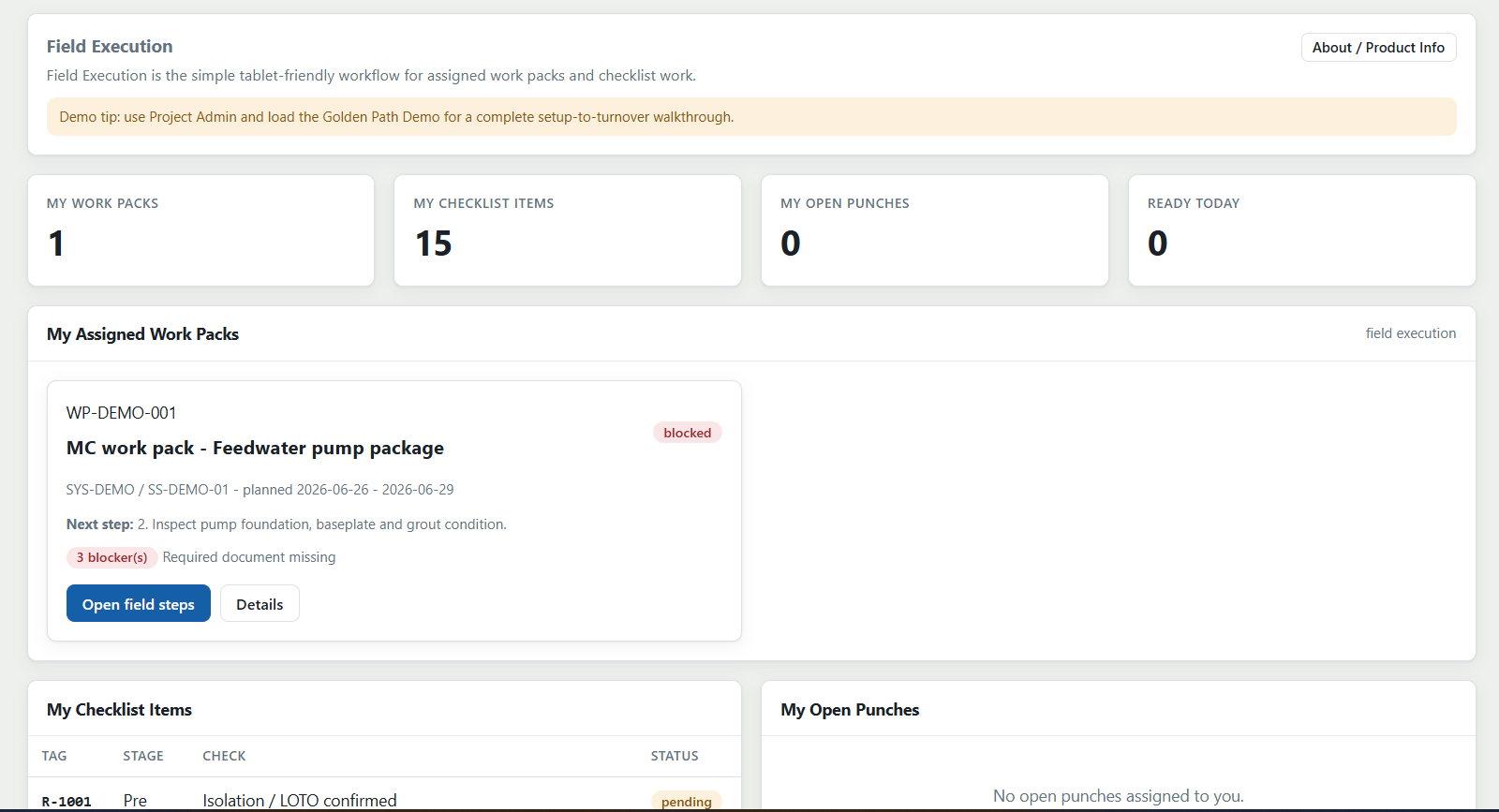 Promacon Commissioning Platform field execution screen showing assigned work packs and checklist work