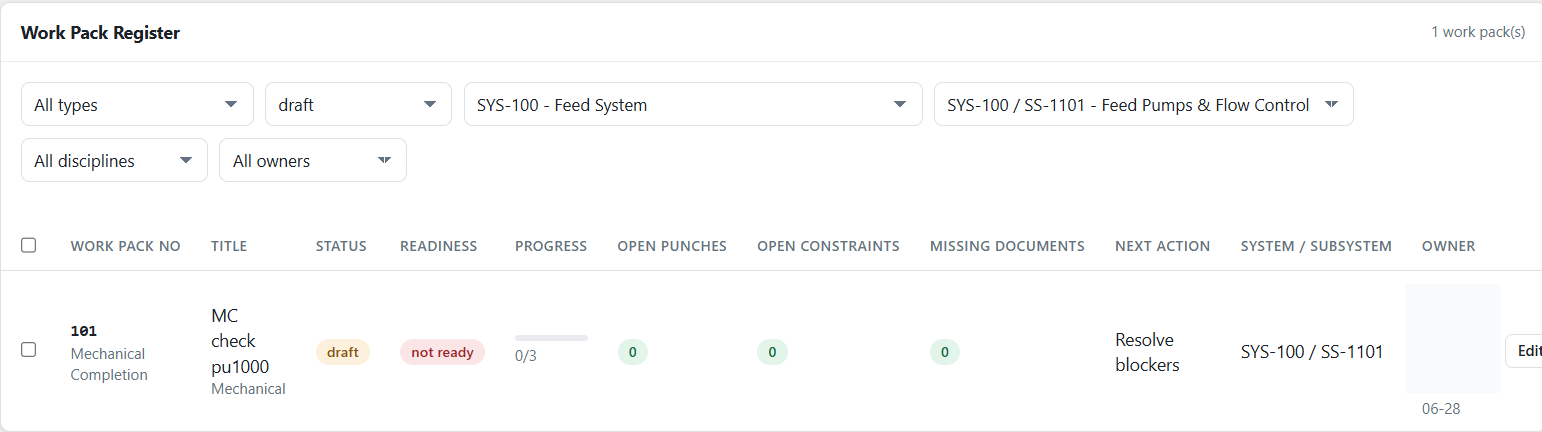 Promacon Commissioning Platform work pack register for shutdown scope and readiness control